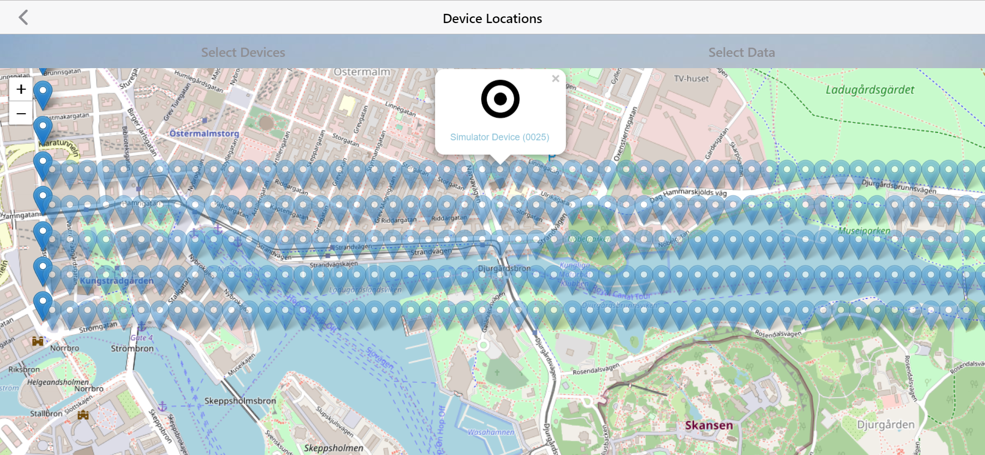 Hundreds of simulated IoT devices overlaid on a map